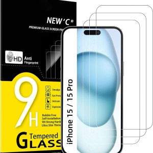 NEW'C 3 Pack Designed for iPhone 16, iPhone 15, iPhone 15 Pro (6.1 inches) Screen Protector Tempered Glass,Case Friendly Ultra Resistant