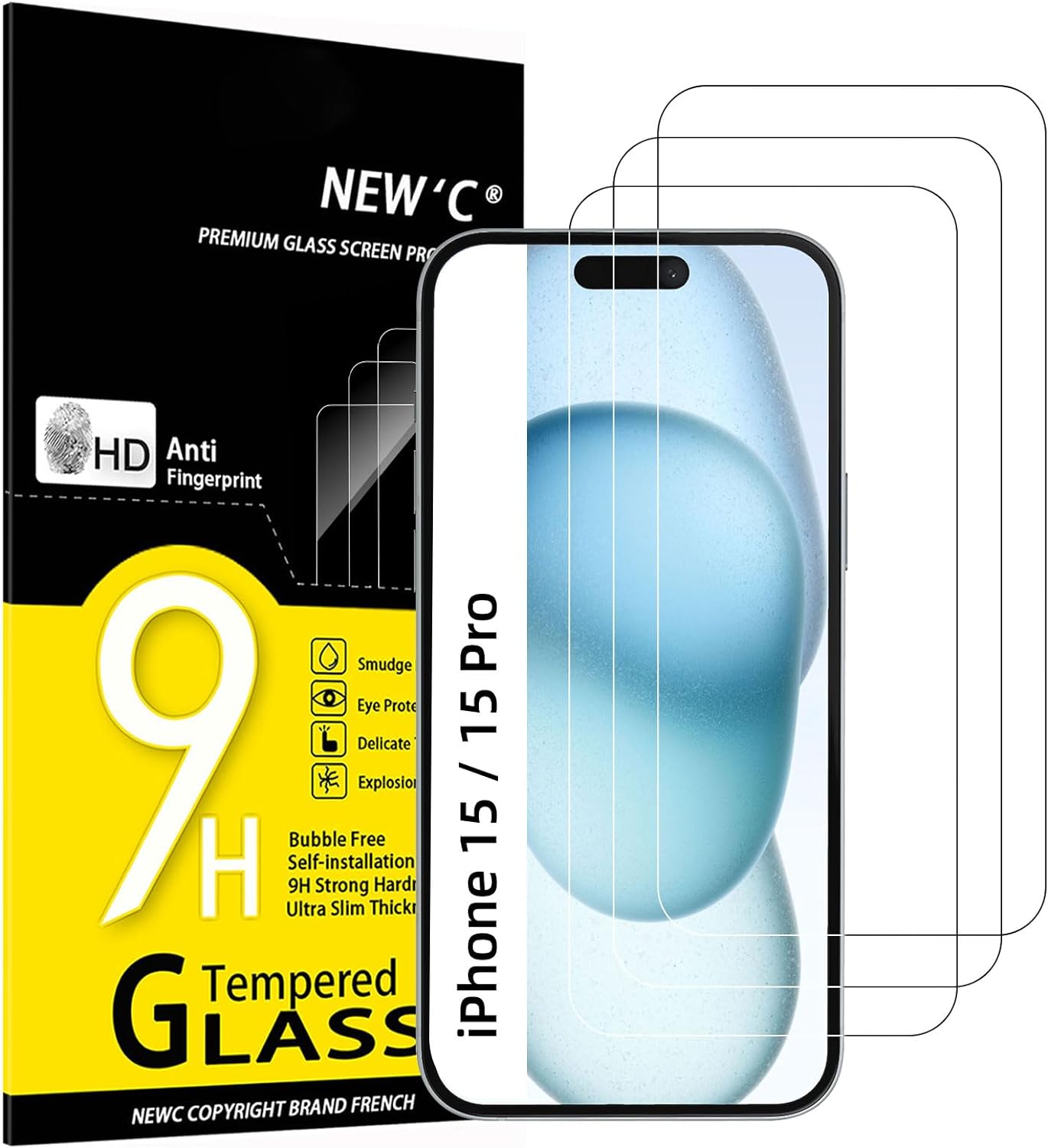 NEW'C 3 Pack Designed for iPhone 16, iPhone 15, iPhone 15 Pro (6.1 inches) Screen Protector Tempered Glass,Case Friendly Ultra Resistant